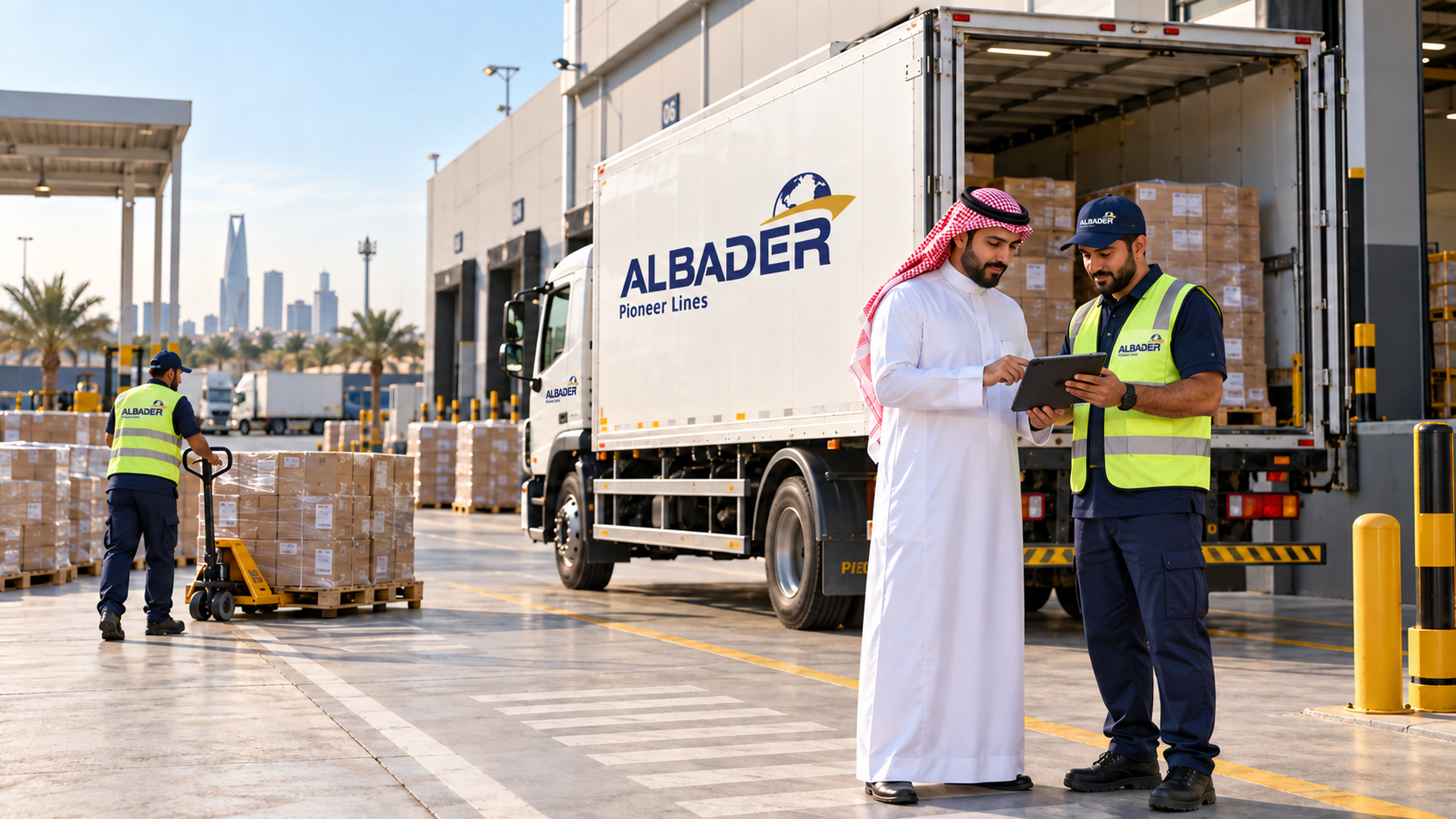 Saudi client and logistics professional reviewing shipment details