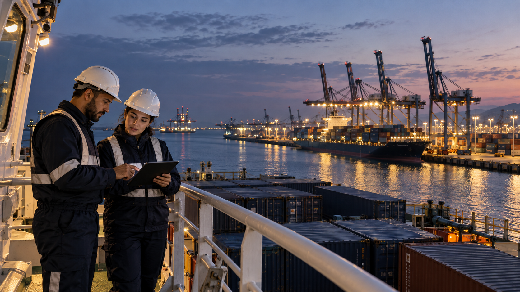 Logistics professionals coordinating cargo at a seaport